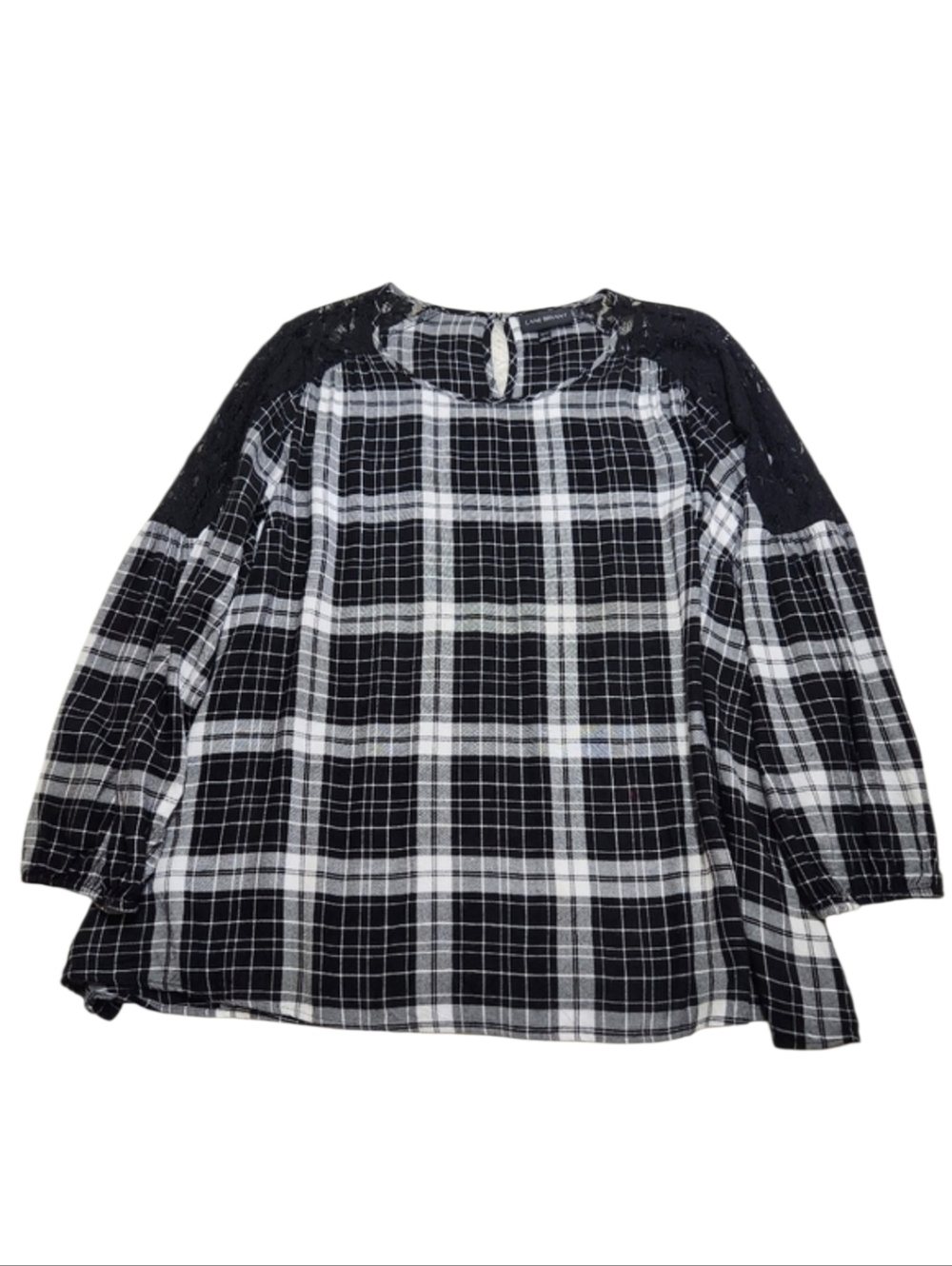 Lane Bryant black & white plaid blouse with lace shoulder & sleeve Sz 22/24